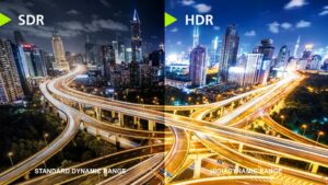 A photo of a city freeway interchange with the dark SDR interpretation on the left and the bright HDR interpretation on the right